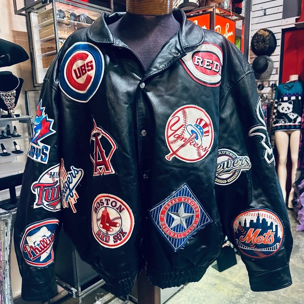 JH Design Vintage MLB Baseball Team All Over Patch Black Leather Jacket